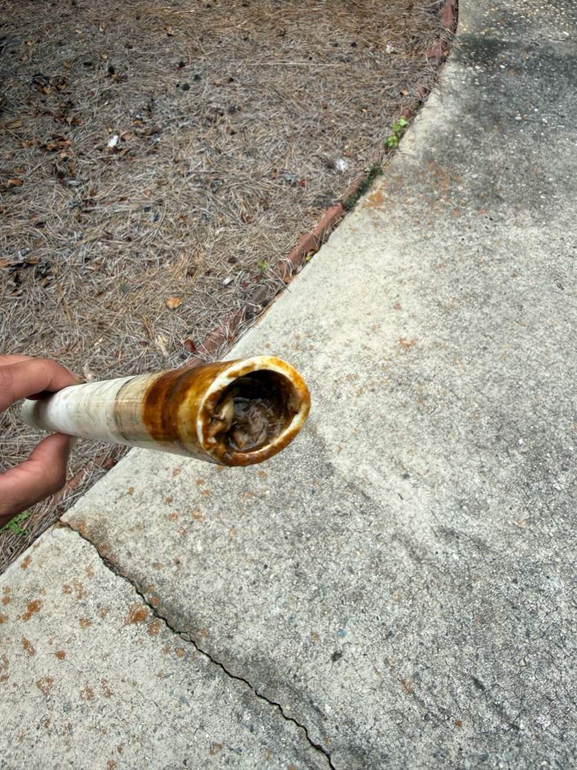 Hand holding a white PVC condensate drain pipe whose open end is blocked with thick brown sludge