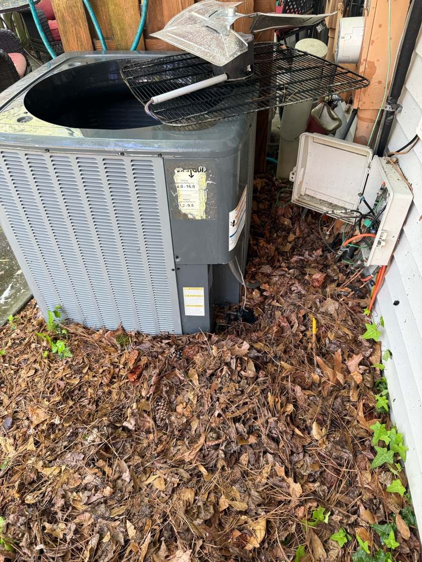 Outdoor AC condenser with its fan removed, sitting in a deep bed of dead leaves and pine needles
