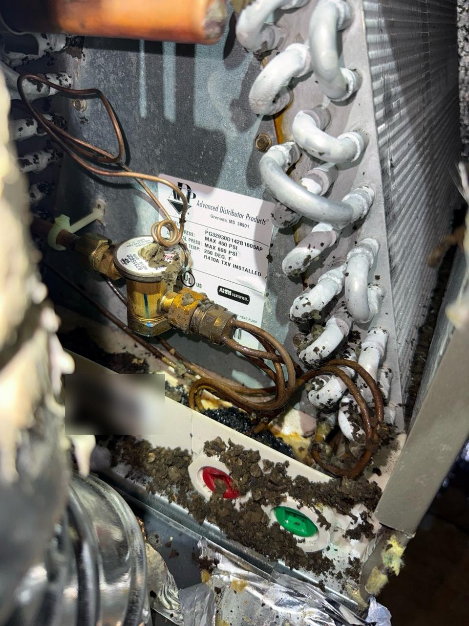 Inside an air handler: evaporator coil fins, expansion valve and drain pan coated with dark dirt and sludge