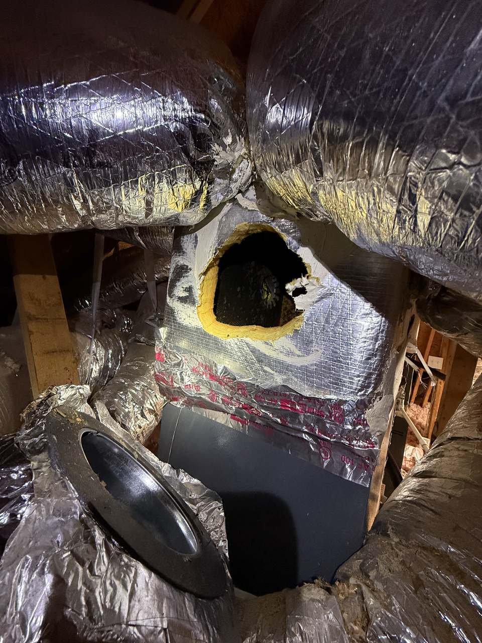 Flexible foil-wrapped duct disconnected from its collar in an attic, leaving a large opening that dumps conditioned air into the attic space