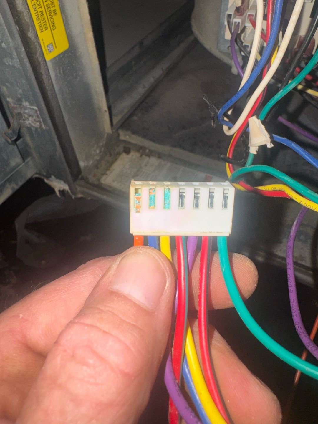 Technician holding a furnace control-board wiring harness while tracing a no-heat call on a gas furnace